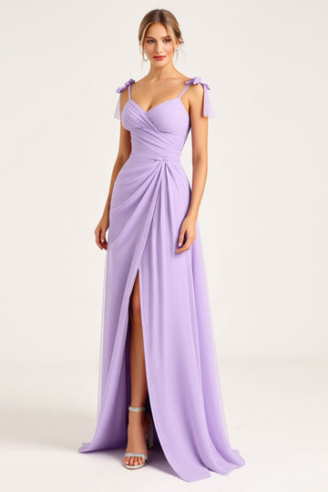 Lilac Ruched Chiffon A Line Long Bridesmaid Dress with Slit